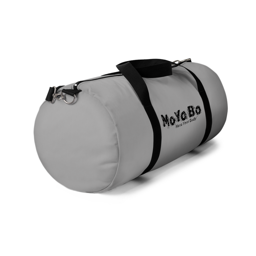 Grey Duffel Bag with MoYoBo on it